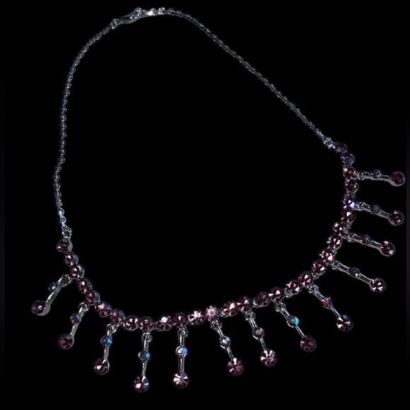 Silver Pink Rhinestone Necklace with flare - Picture 2 of 5